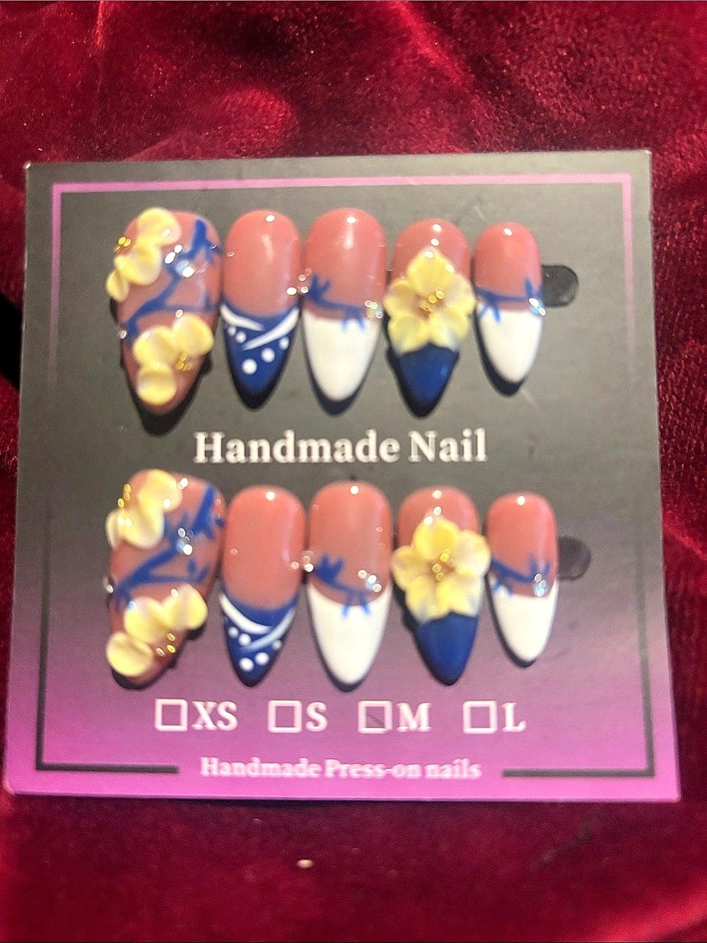 Handmade Floral Press-On Nails Pink & Blue NWT
